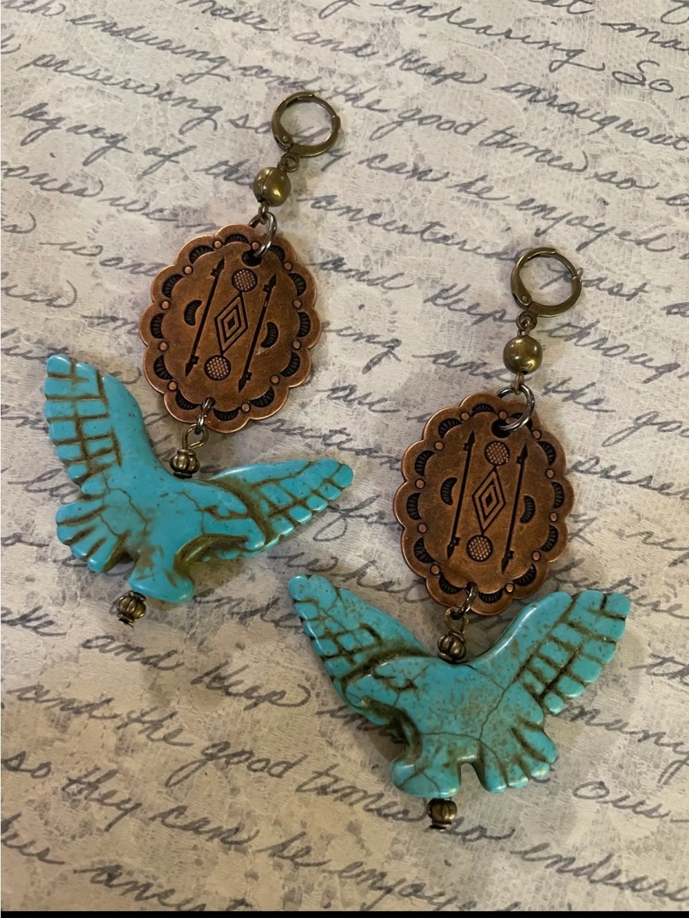 Boutique Concho Turquoise Eagle Earrings with Copper Medallions-Southwestern